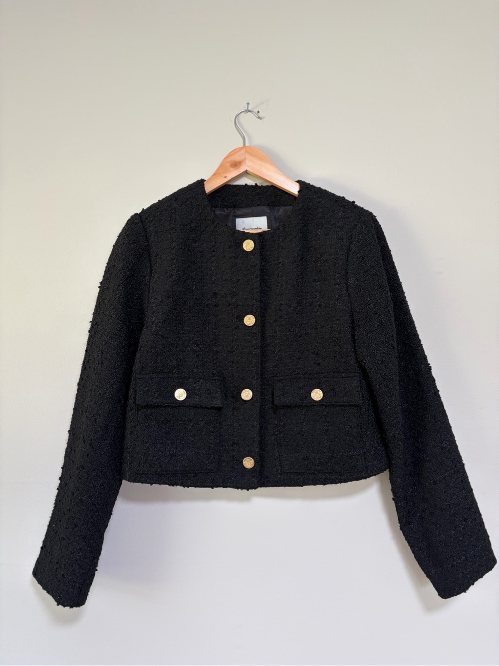 Abercrombie & Fitch Black Bouclé Cropped Button Jacket